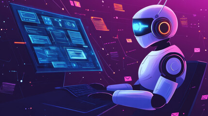 Poster - Isometric robots man with artificial intelligence working with a virtual interface in chatbot emails. Message online chat social text vector Illustration