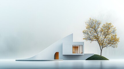 Poster - Minimalist house and tree architectural rendering