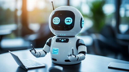 Poster - Isometric robots man with artificial intelligence working with a virtual interface in chatbot emails. Message online chat social text Illustration.