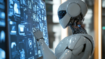 Poster - Isometric robots man with artificial intelligence working with a virtual interface in chatbot emails. Message online chat social text vector Illustration