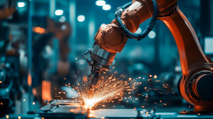 Poster - Isometric Industry 4.0 concept. Artificial intelligence. Digital manufacturing operation. Humanoid Robot with AI check and control welding robotics automatic arms machine. Vector illustration