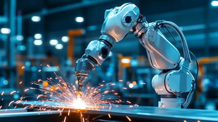 Poster - Isometric Industry 4.0 concept. Artificial intelligence. Digital manufacturing operation. Humanoid Robot with AI check and control welding robotics automatic arms machine. Vector illustration