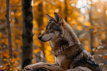 Poster - Wolf relaxes in the forest, savoring the stunning autumn scenery