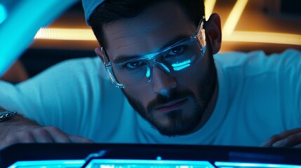 Poster - a male engineer, wearing a hard hat and safety glasses, is working on illuminated servers in a data 