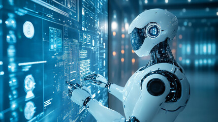 Poster - Industry 4.0 Cyber-Physical Systems concept. Isometric robot cyborg with artificial intelligence working on abstract hud virtual interface of human. Future science concept.