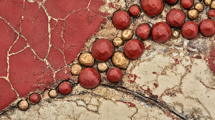 Poster - A red and gold wall featuring textural variety in a mixed media piece spotlighting creative expression through unique artistic techniques.