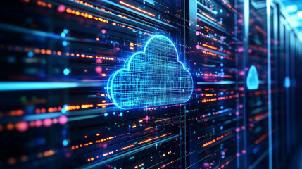 Poster - Isometric cloud computing concept represented by a server, with a cloud representation hologram concept. Data center cloud, computer connection, hosting server, database synchronize technology