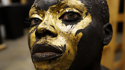 Poster - Individual wearing a black face mask in an artistic studio setting reflecting the intriguing blend of mystery and creativity in the artistic process.