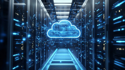 Poster - Isometric cloud computing concept represented by a server, with a cloud representation hologram concept. Data center cloud, computer connection, hosting server, database synchronize technology