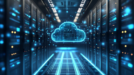 Poster - Isometric cloud computing concept represented by a server, with a cloud representation hologram concept. Data center cloud, computer connection, hosting server, database synchronize technology