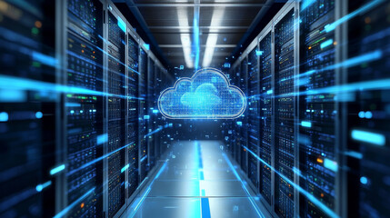 Poster - Isometric cloud computing concept represented by a server, with a cloud representation hologram concept. Data center cloud, computer connection, hosting server, database synchronize technology