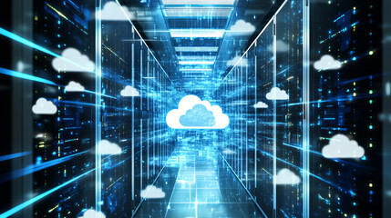 Poster - Isometric cloud computing concept represented by a server, with a cloud representation hologram concept. Data center cloud, computer connection, hosting server, database synchronize technology