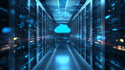 Poster - Isometric cloud computing concept represented by a server, with a cloud representation hologram concept. Data center cloud, computer connection, hosting server, database synchronize technology