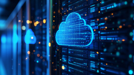 Poster - Isometric cloud computing concept represented by a server, with a cloud representation hologram concept. Data center cloud, computer connection, hosting server, database synchronize technology