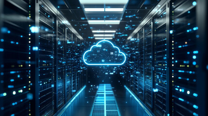 Poster - Isometric cloud computing concept represented by a server, with a cloud representation hologram concept. Data center cloud, computer connection, hosting server, database synchronize technology