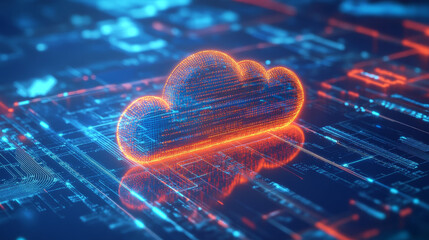 Poster - Isometric cloud computing concept represented by a server, with a cloud representation hologram concept. Data center cloud, computer connection, hosting server, database synchronize technology