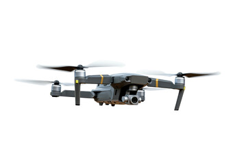 Poster - A drone hovering in mid-air with propellers visible, on a solid white background