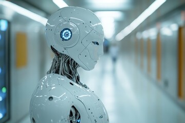 Poster - A humanoid robot stands in a futuristic corridor, highlighting advanced AI technology
