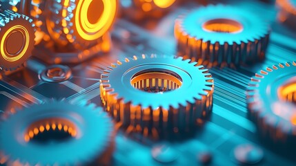 Poster - a magnified image showcasing metal gears and electronic components on a circuit board, emphasizing t