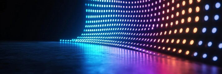 Poster - The display is an authentic concave LED screen designed for installation on either a wall or a platform, with a modern illustration showcasing a large TV display alongside neon blue and purple dot