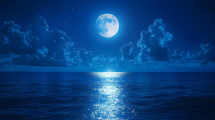 Wall Mural - Moonlit Sea: A radiant full moon casts its ethereal glow upon the tranquil ocean, creating a mesmerizing display of shimmering light and shadow over the vast expanse of the sea.