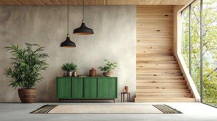 Poster - Modern interior design green cabinet wooden stairs