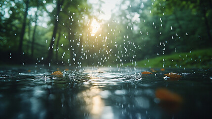 Poster - Refreshing rain shower cascading downward creating a tranquil scene of nature's beauty and serenity with gentle water drops and soft light.