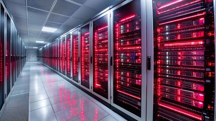 Poster - A modern data center corridor is illuminated at night by rows of server racks emitting red lights