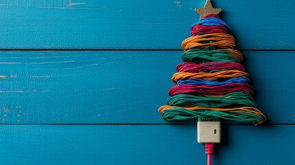 Poster - A vibrant blue background serves as the setting for a creative Christmas tree made from a red cable, complete with glowing lights and a star, plugged into a power outlet, embodying a festive tech
