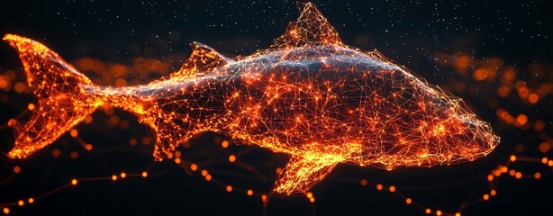 Fototapete - A futuristic background featuring a wireframe fish illustration with integrated digital elements