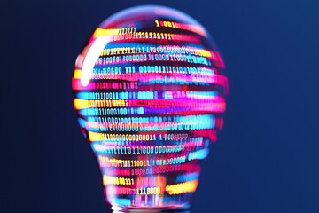 Poster - A symbol of digital innovation is represented by a light bulb composed of binary code, embodying the power and potential that lies within it, set against a dark blue background that allows for the