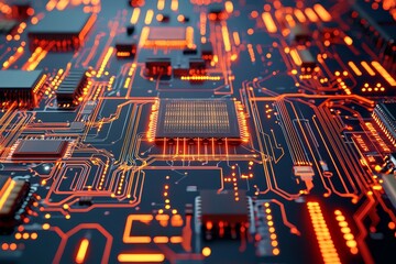 Poster - The image of a glowing brain on a computer motherboard, focusing on a central microchip, signifies stock markets and advanced computing technology. AI technology