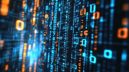 Abstract binary code background in blue and orange. Tech and data concept.