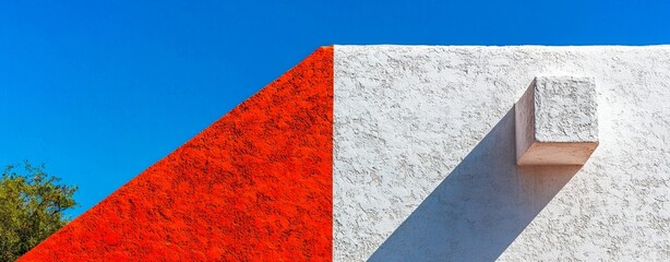 Poster - A tall, modern red building features a blue window that adds a splash of color, creating a sophisticated scene
