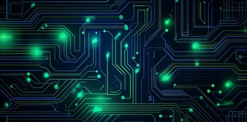 Poster - A futuristic circuit board backdrop with a glowing effect in shades of blue and green, featuring copy space for digital technology themes