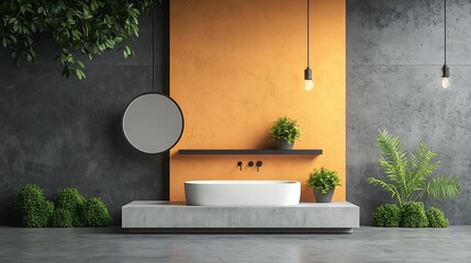 Poster - Modern minimalist interior design with orange accent wall