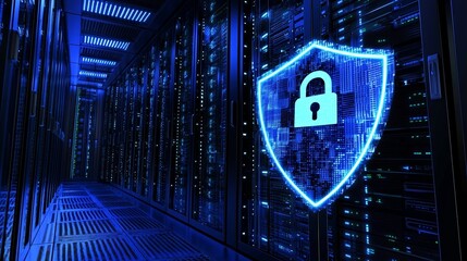 Poster - Securing a digital server for cybersecurity purposes involves the use of a shield and lock icon, as exemplified by a digital server protected by a shield and lock icon