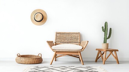 Poster - Modern minimalist room interior with woven chair