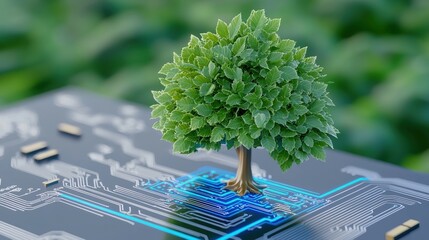 Poster - a computer circuit board features a lush green tree, symbolizing the intersection of technology and 