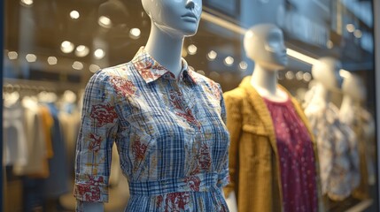 Poster - Colorful mannequins adorned in trendy outfits line the display of a chic fashion boutique, showcasing unique sewing patterns that inspire creativity and style