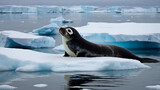 A stunning ribbon seal rests on a patch of drifting ice