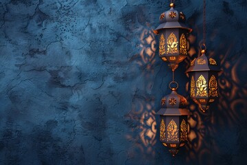 Poster - Three ornate lanterns hanging and casting light patterns on a dark blue textured wall