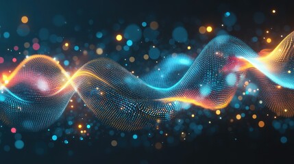 Abstract data wave illustration with particle network and vibrant colors.