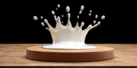 Poster - Milk Splash on Wooden Surface with Dark Background Effect