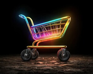 Poster - Colorful Neon Shopping Cart with Bright Lights Against Dark Background