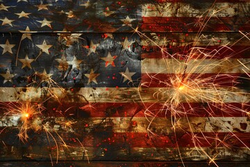 Aufkleber - Independence day celebration idea featuring rustic american flag and sparkling fireworks display on the fourth of july