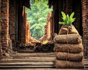 Poster - Green Plant Emerging from Burlap Sack in Abandoned Structure