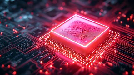 Poster - AI Microchip Technology Glowing Red Circuit Board