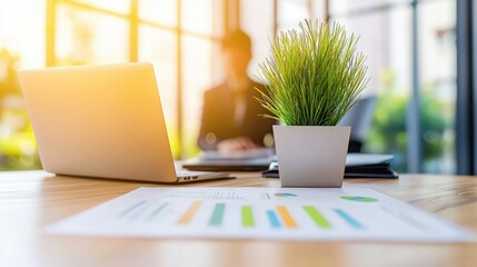 Poster - A serene workspace featuring a laptop, a small plant, and documents with colorful graphs, creating an inviting and productive atmosphere, Green Technology.