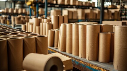 Aufkleber - In a bustling production facility, workers efficiently manage the creation of cardboard rolls. Stacks of neatly arranged products highlight the organized workflow and industrial atmosphere